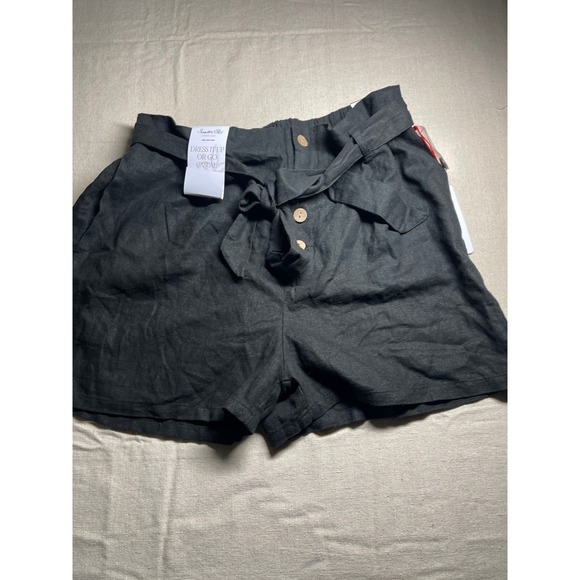 Sapphire Red Black Linen Blend Relaxed Fit Paperbag Waist Shorts  Size Medium - Picture 4 of 13